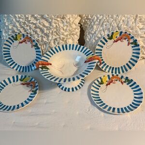 ANTHROPOLOGIE - MICOLA SEAFOOD DESSERT PLATE 4pc & MICOLA SHRIMP SERVING BOWL